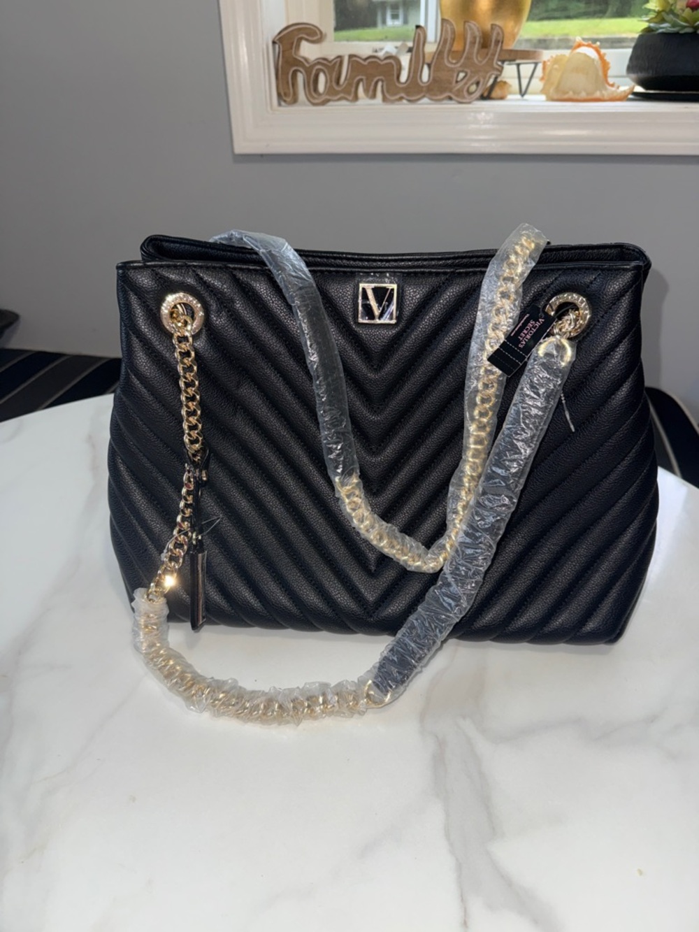 Victoria's Secret Black Quilted Chain Shoulder Bag with Gold Hardware